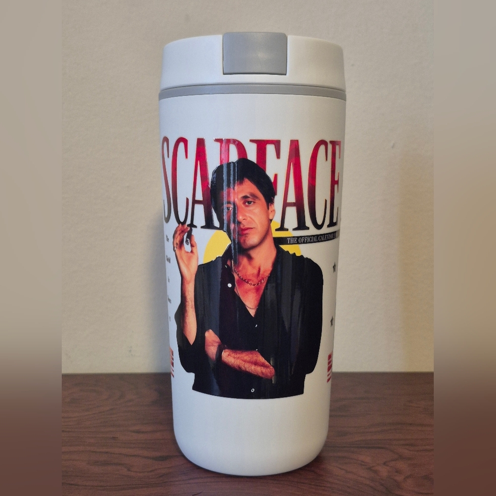 Scarface Themed insulated travel 20oz mug tumbler white grey lid Coffee